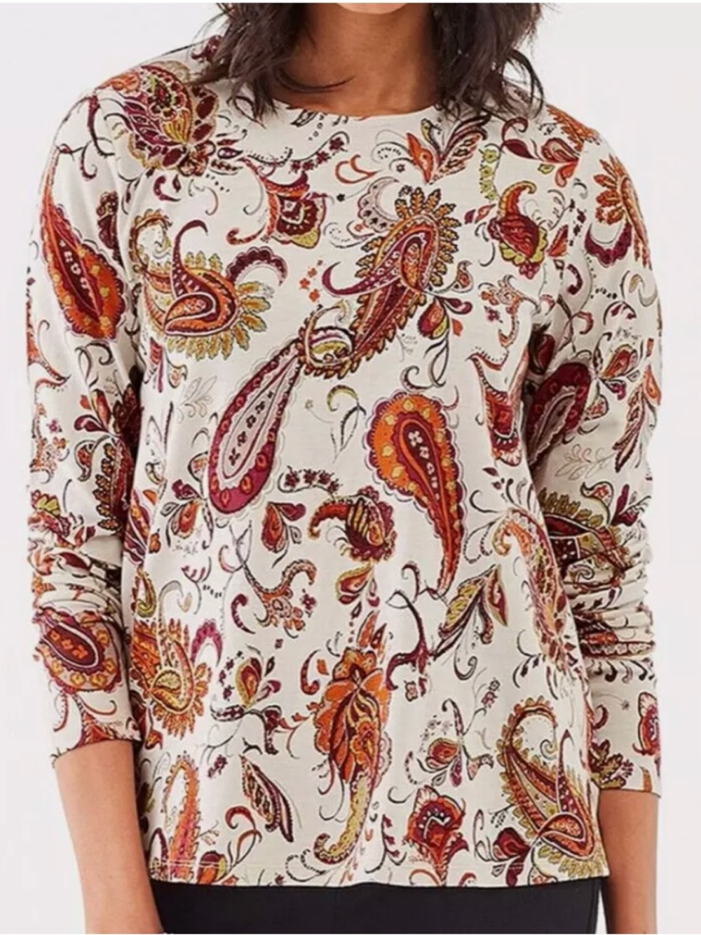 J. Jill Cream Paisley Long-Sleeve Tee with Rust and Brown Motif Size Large